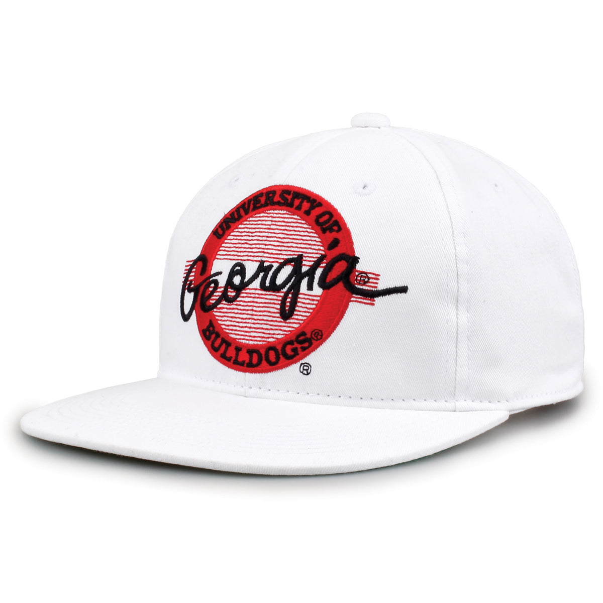 Georgia Retro Circle snapback hat in white, angled view