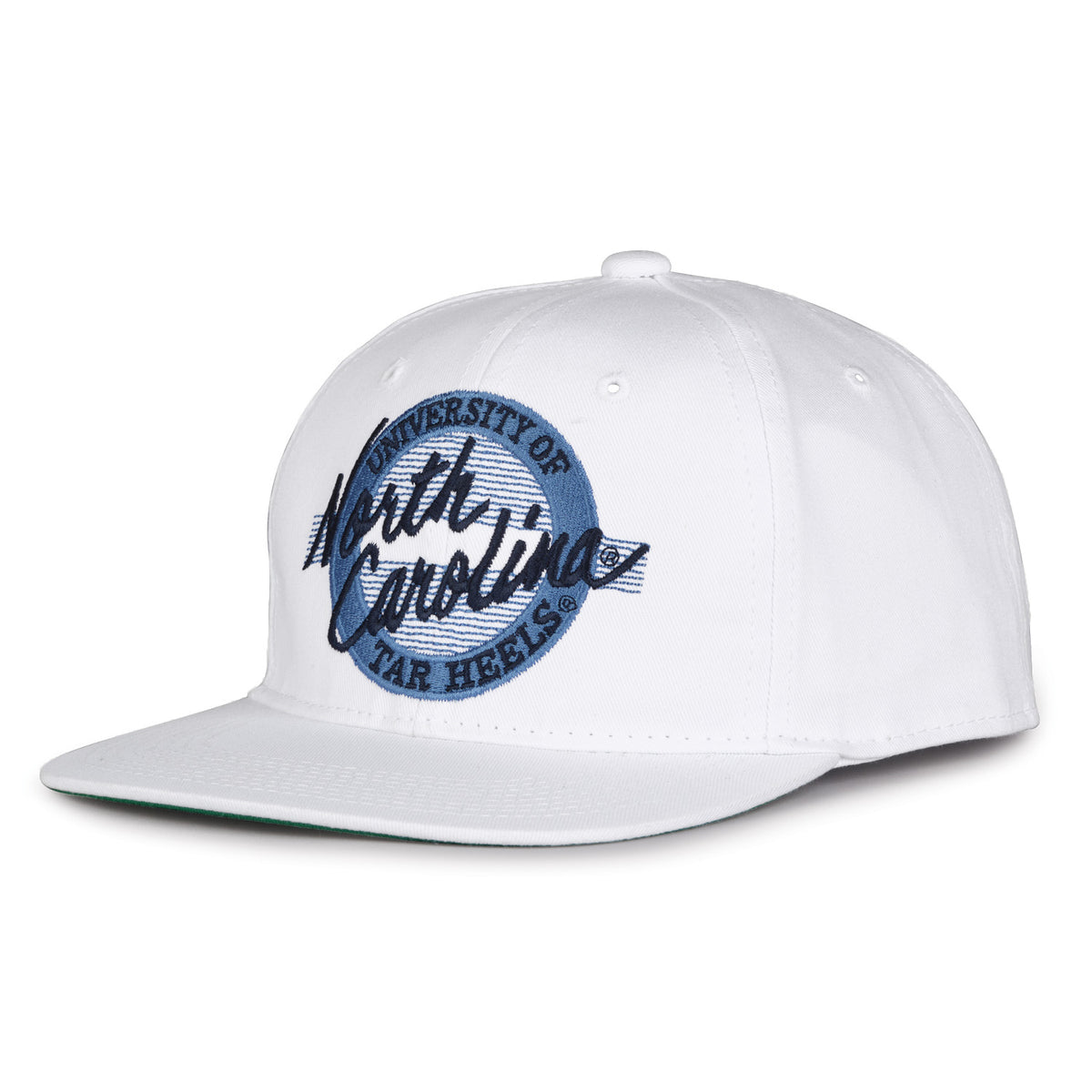 North Carolina Retro Circle snapback hat in white, angled view