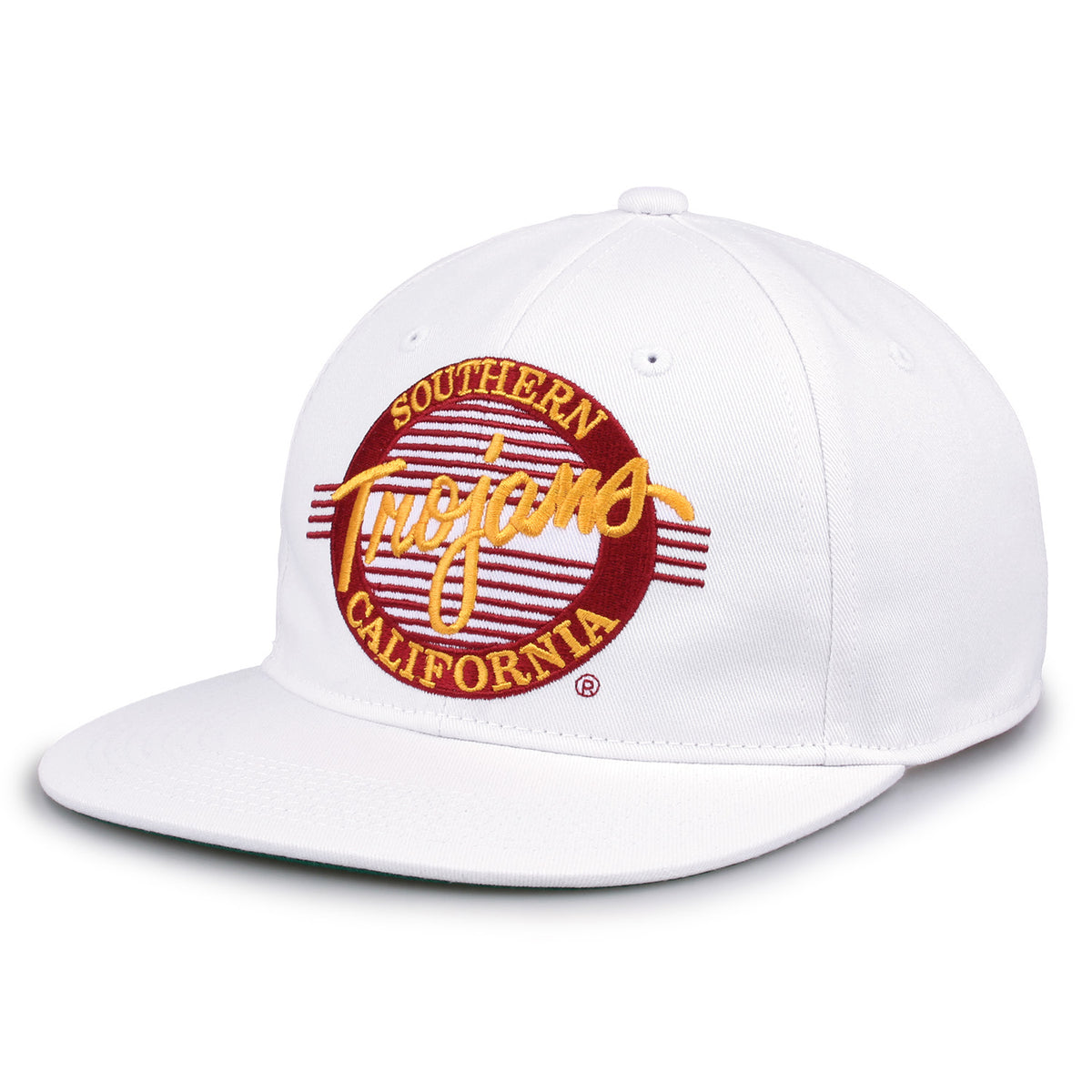 USC Retro Circle snapback hat in white, angled view