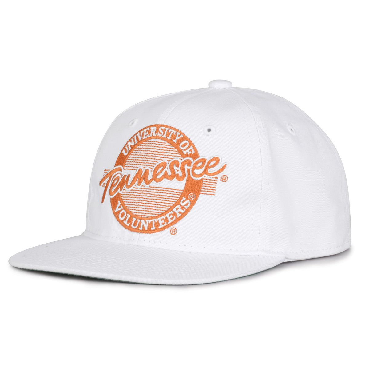 Tennessee Retro Circle snapback hat in white, angled view