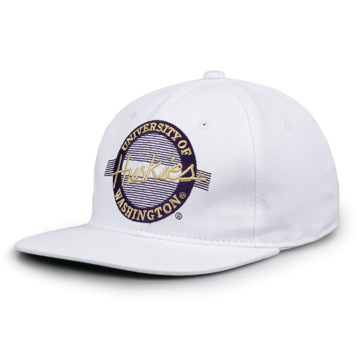 Washington Retro Circle snapback hat in white, angled view