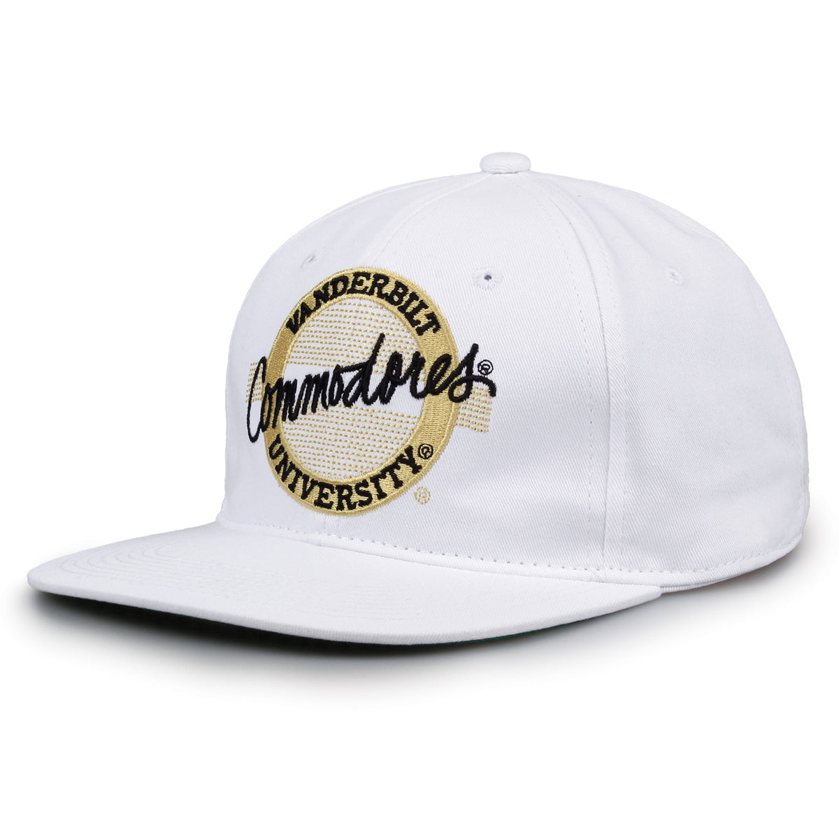 Vanderbilt Retro Circle snapback hat in white, angled view