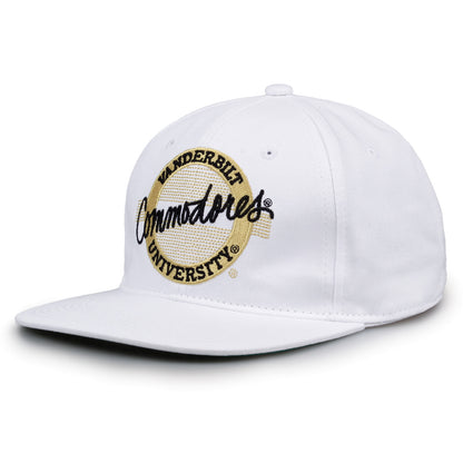 Vanderbilt Retro Circle snapback hat in white, angled view