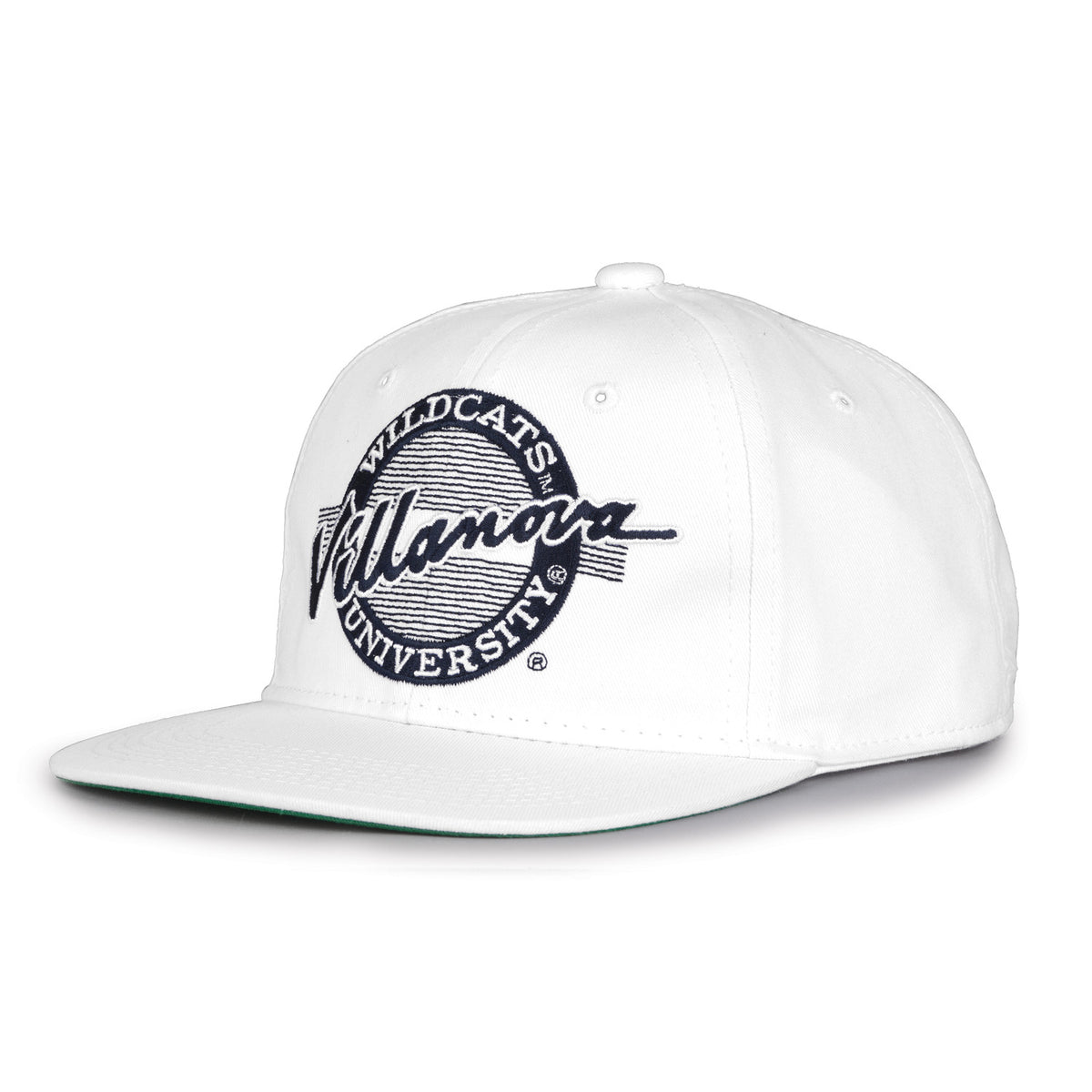 Villanova Retro Circle snapback hat in white, angled view