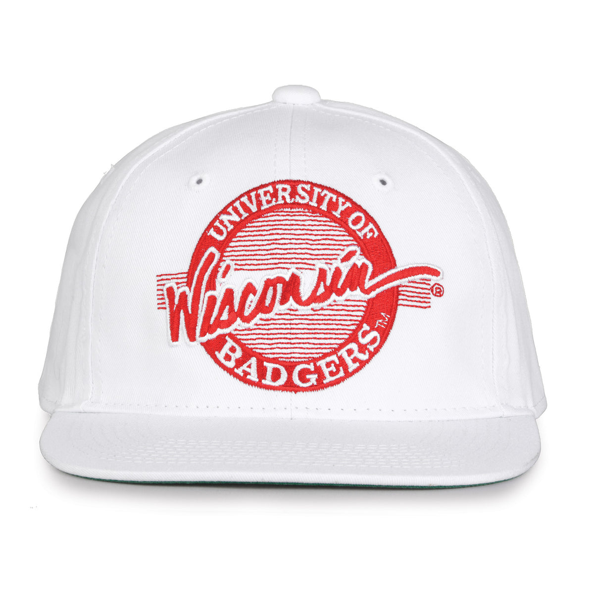 Wisconsin Badgers Retro Circle snapback hat in white with red embroidery, front view