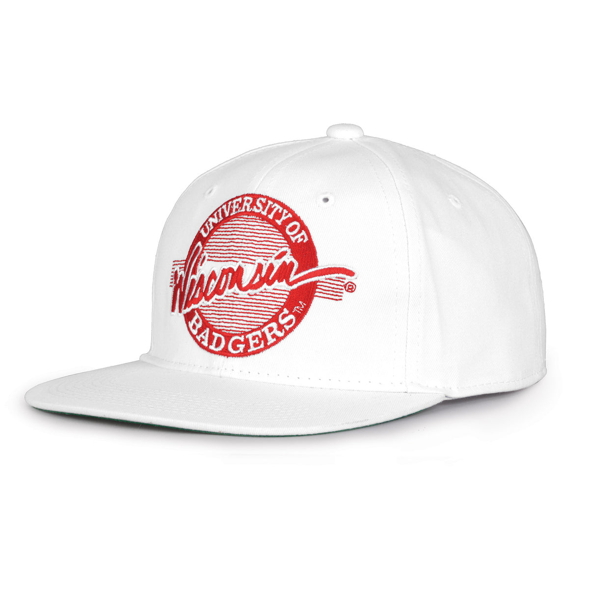 Wisconsin Badgers Retro Circle snapback hat in white, angled view showing the flat brim