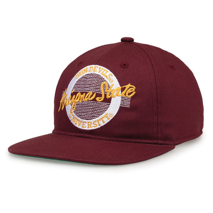Arizona State Retro Circle snapback hat in maroon, angled view