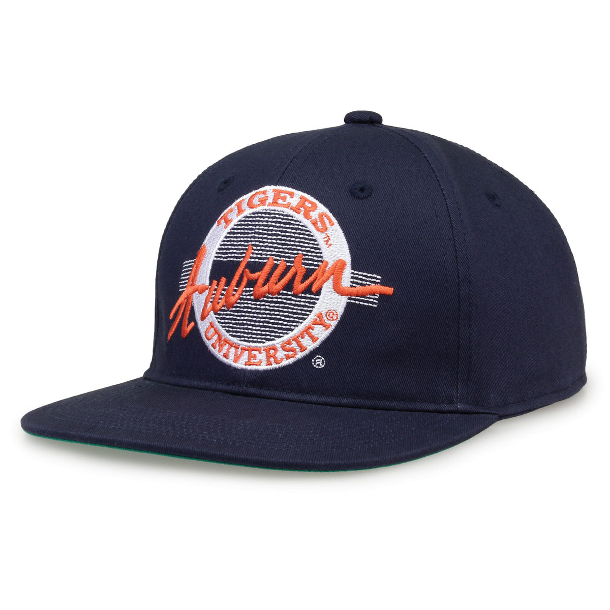 Auburn Retro Circle snapback hat in navy, angled view