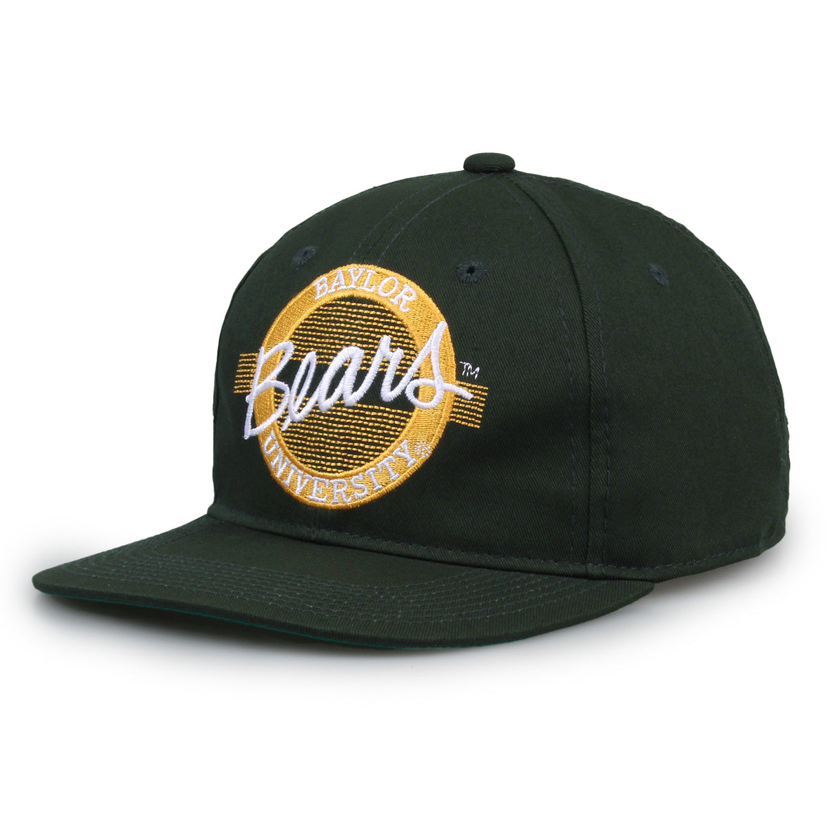 Baylor Retro Circle snapback hat in dark green, angled view