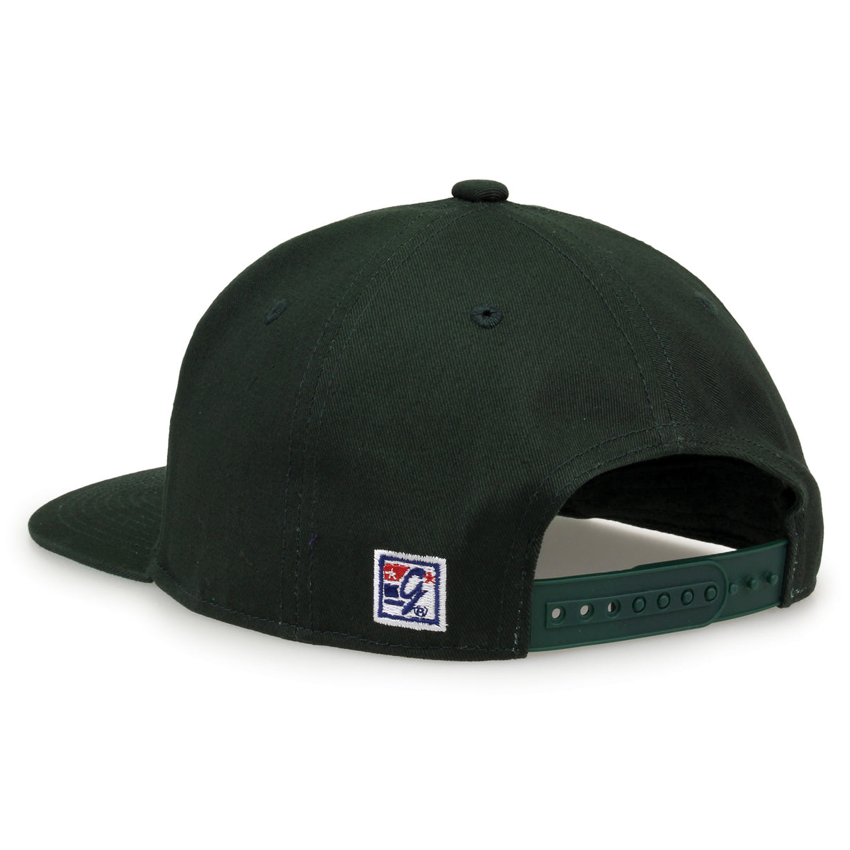 Baylor Retro Circle snapback hat in dark green, rear view showing the adjustable snap closure