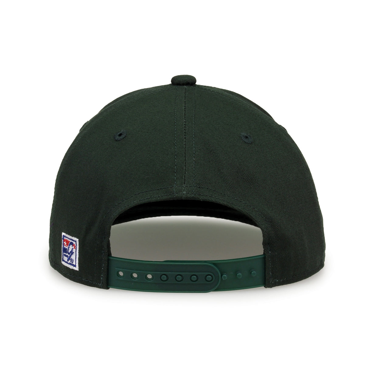 Baylor Retro Circle snapback hat in dark green, straight rear view showing the adjustable snap closure