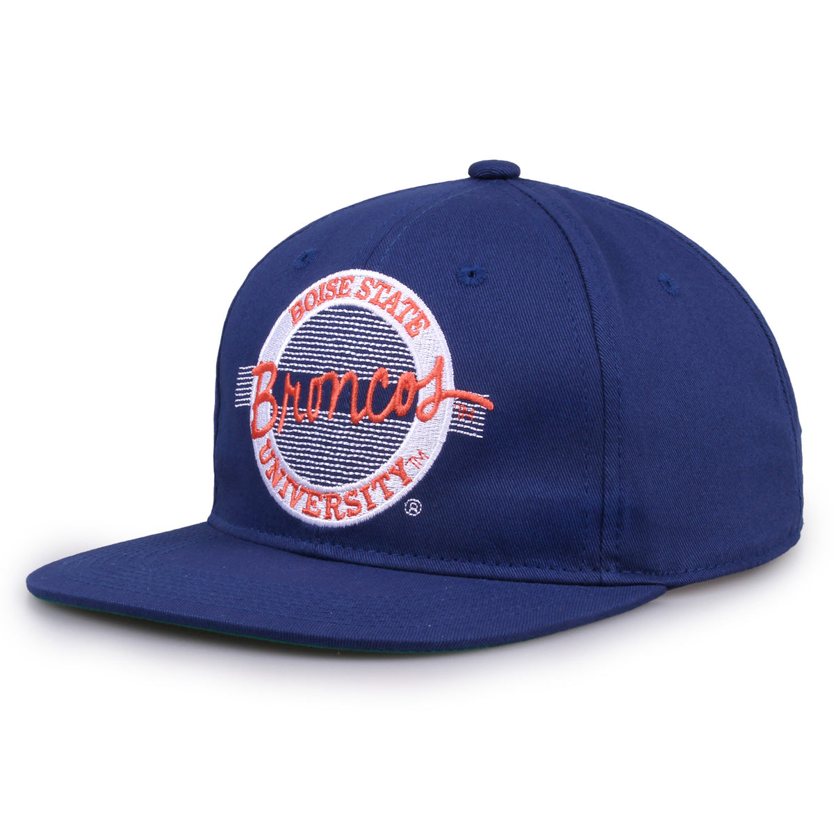Boise State Retro Circle snapback hat in royal blue, angled view