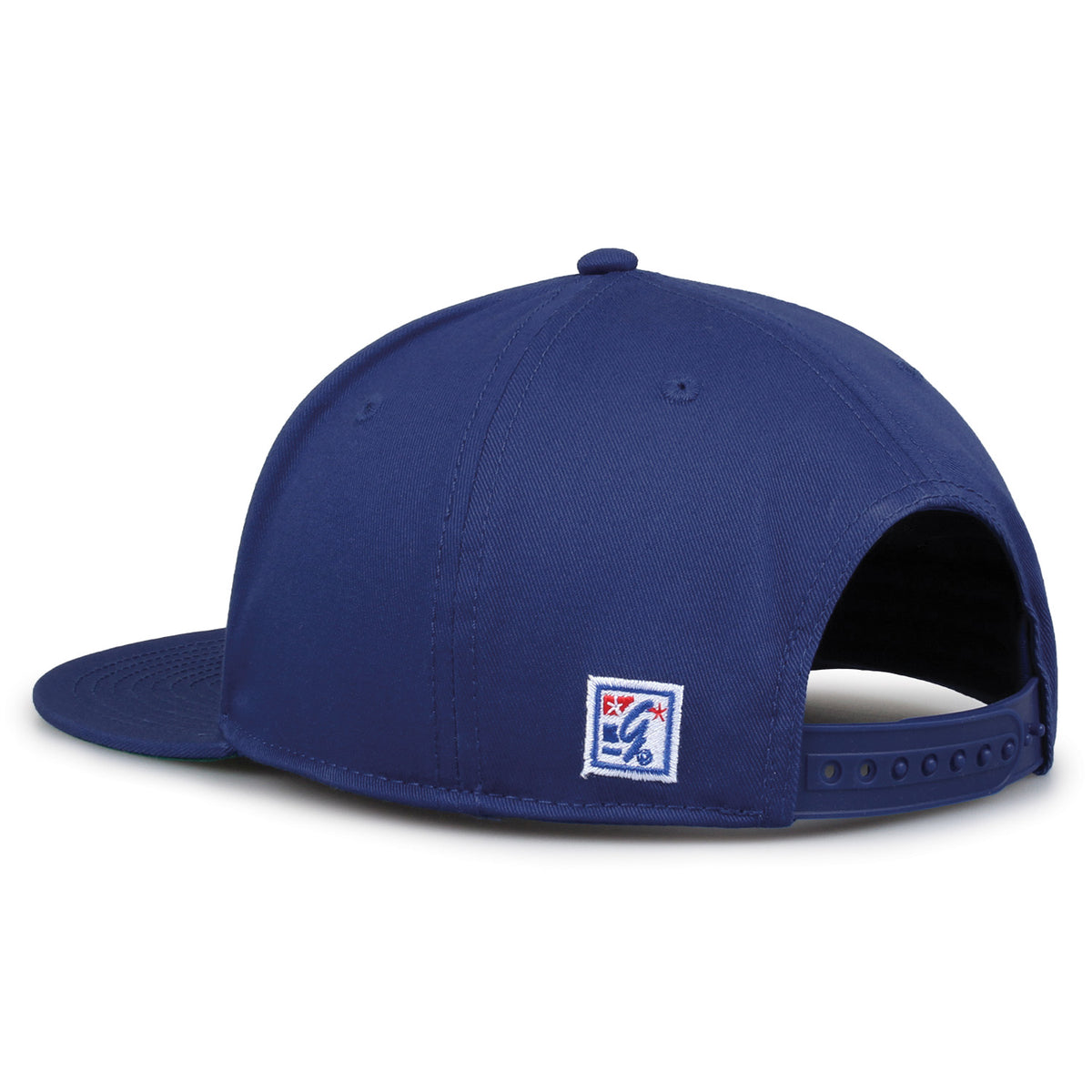 Duke Retro Circle snapback hat in royal blue, rear view showing the adjustable snap closure