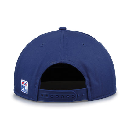 Duke Retro Circle snapback hat in royal blue, straight rear view showing the adjustable snap closure