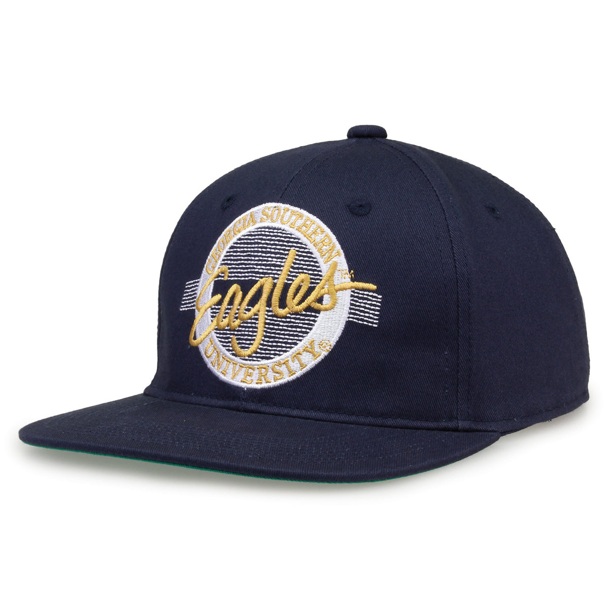 Georgia Southern Retro Circle snapback hat in navy, angled view