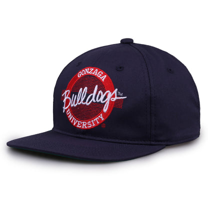 Gonzaga Retro Circle snapback hat in navy, angled view