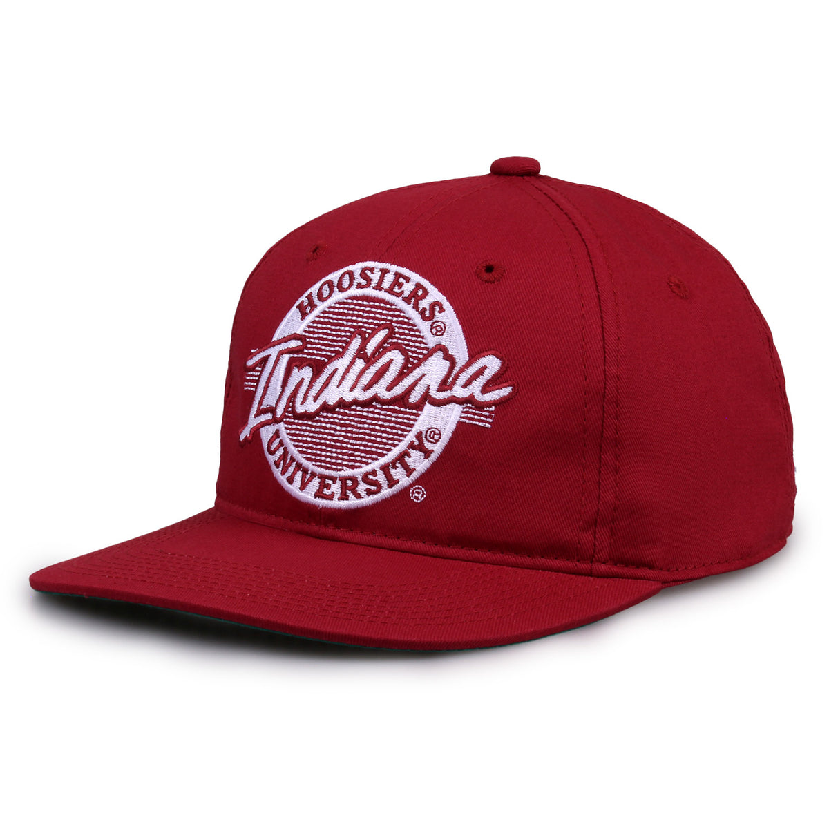 Indiana Retro Circle snapback hat in red, angled view