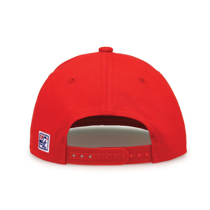 Louisville Retro Circle snapback hat in red, straight rear view showing the adjustable snap closure