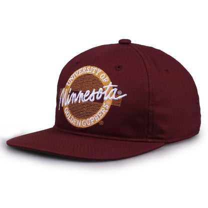 Minnesota Retro Circle snapback hat in maroon, angled view