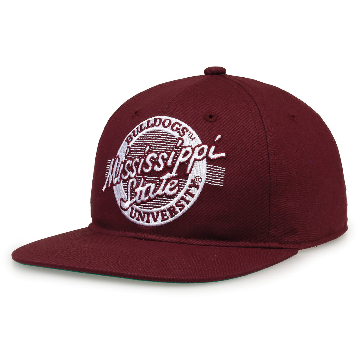 Mississippi State Retro Circle snapback hat in maroon, angled view