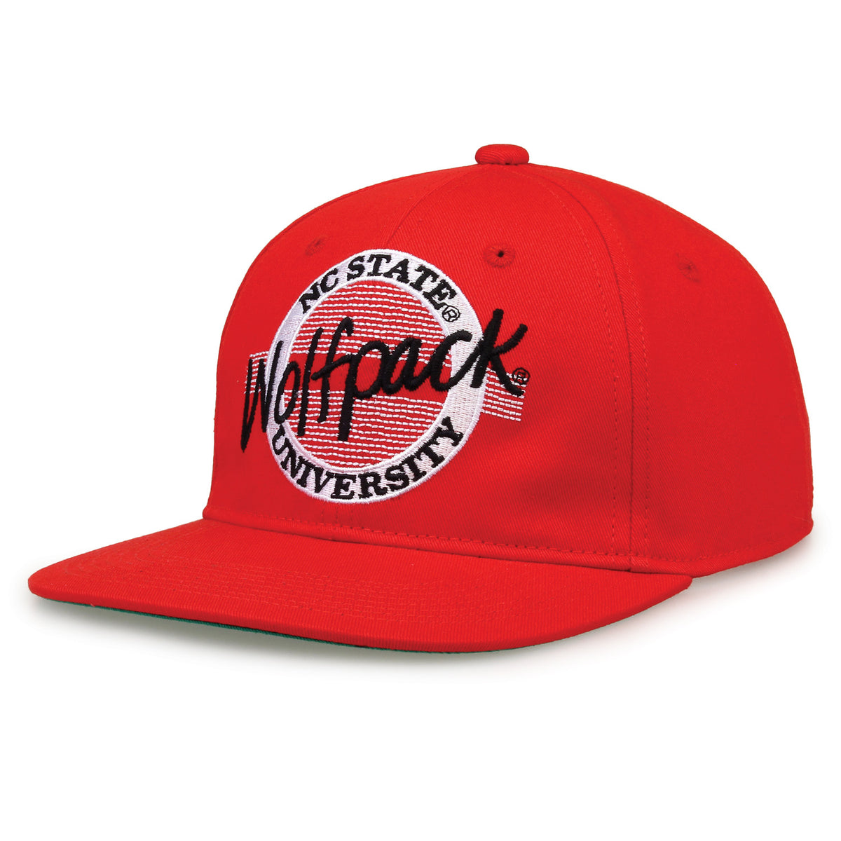 NC State Retro Circle snapback hat in red, angled view
