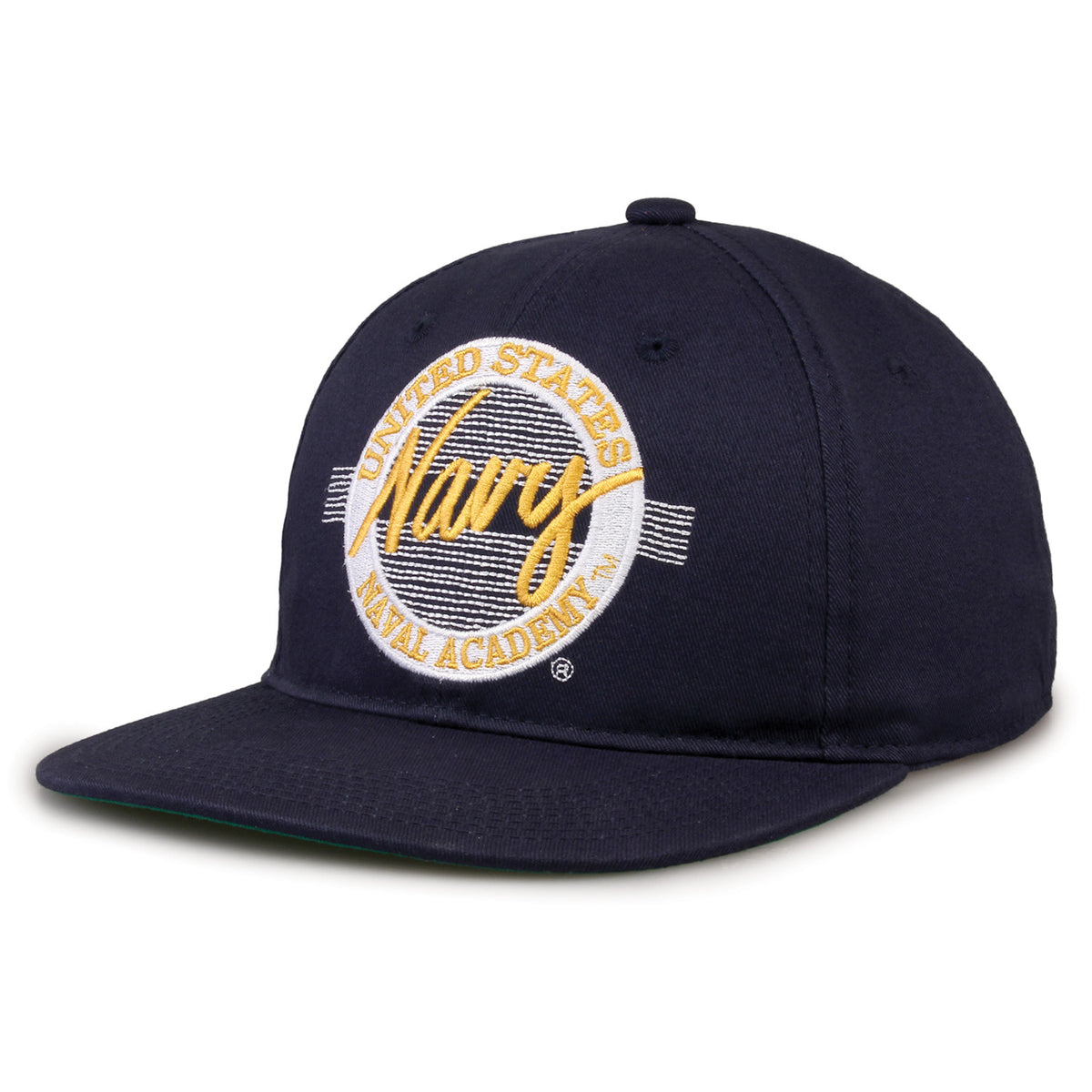 Navy Retro Circle snapback hat in navy, angled view