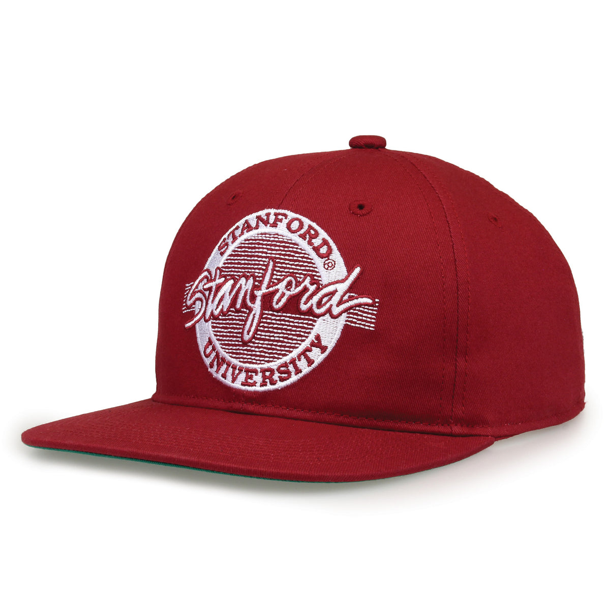 Stanford Retro Circle snapback hat in cardinal red, angled view