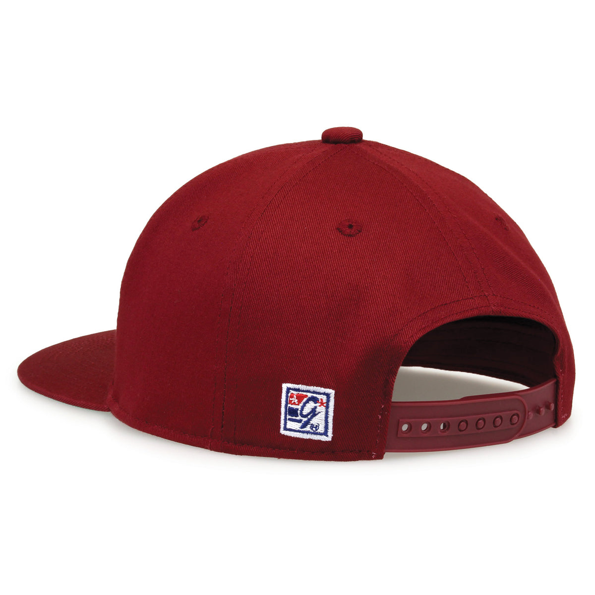 Stanford Retro Circle snapback hat in cardinal red, rear view showing the adjustable snap closure