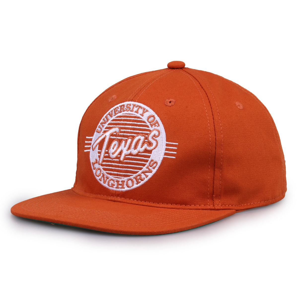 Texas Retro Circle snapback hat in burnt orange, angled view