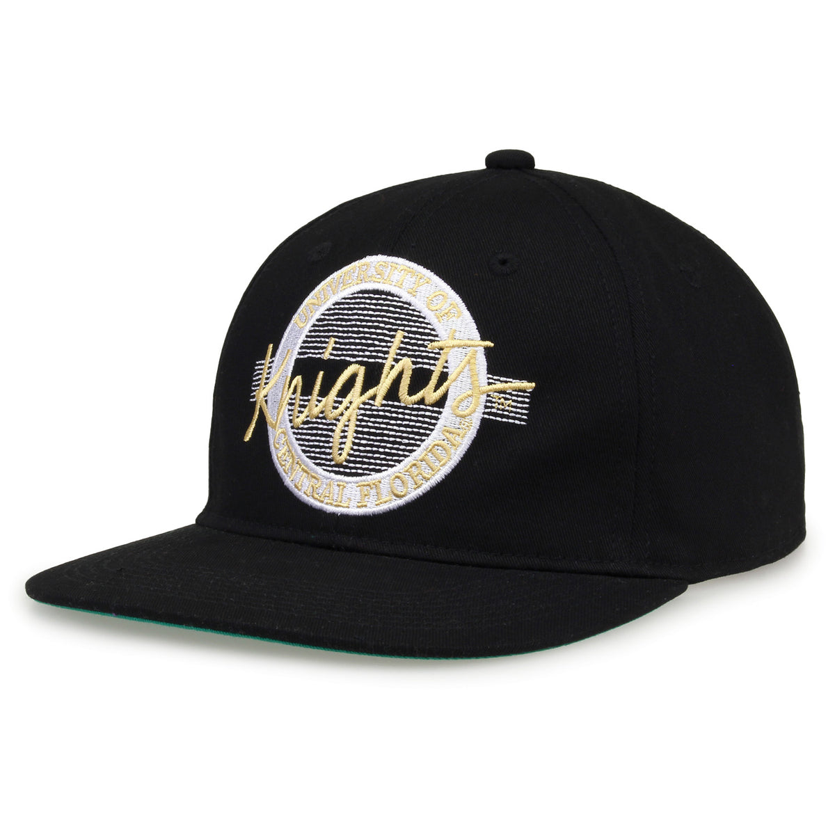 UCF Retro Circle snapback hat in black, angled view