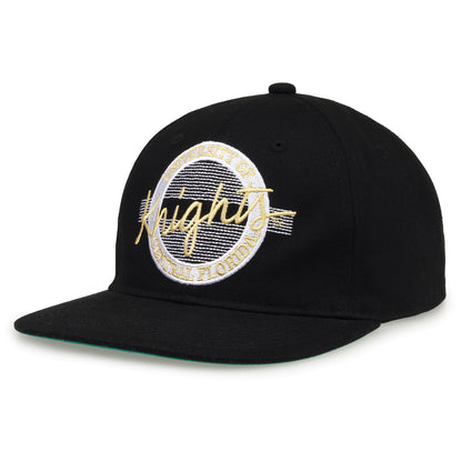 UCF Retro Circle snapback hat in black, angled view