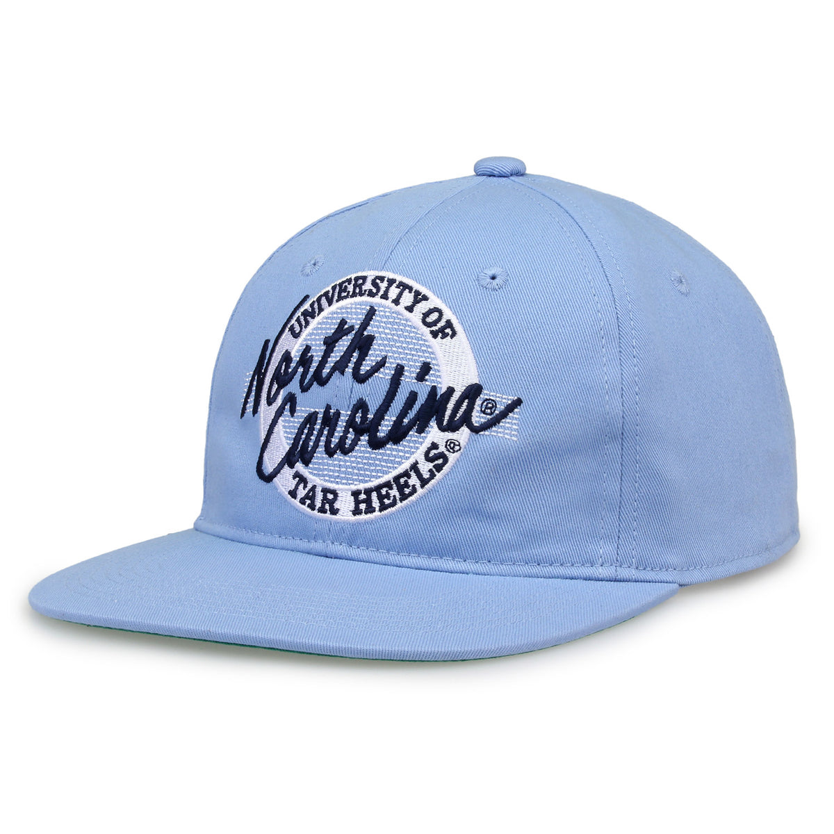 North Carolina Retro Circle snapback hat in light blue, angled view