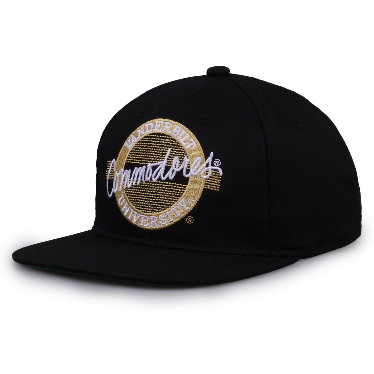 Vanderbilt Retro Circle snapback hat in black, angled view