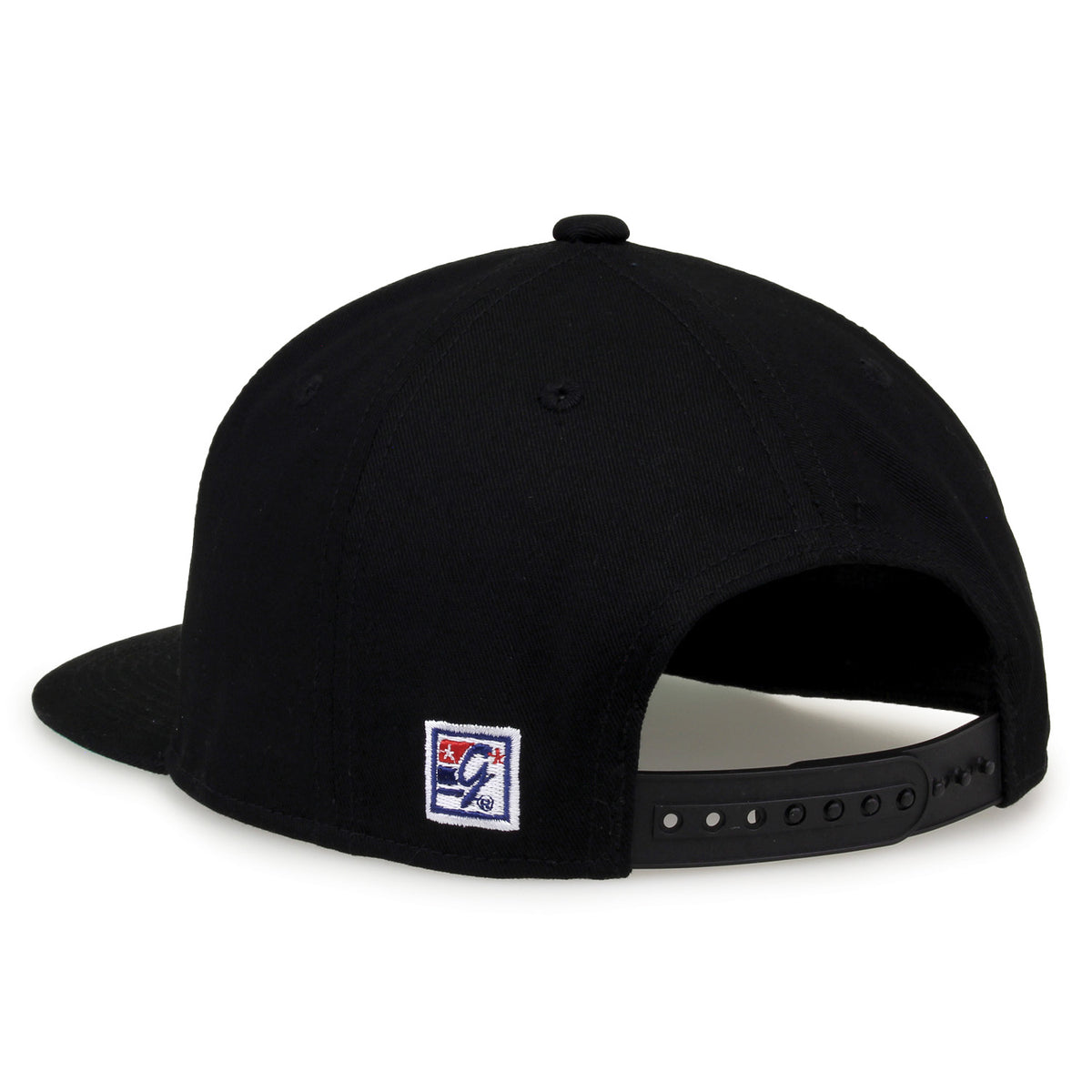 Vanderbilt Retro Circle snapback hat in black, rear view showing the adjustable snap closure