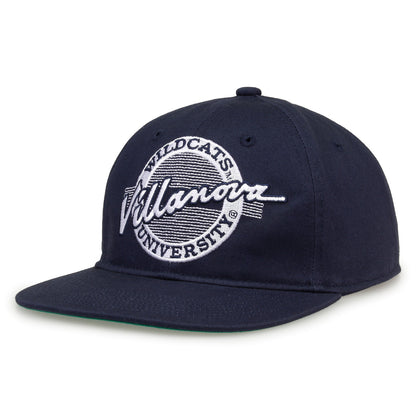 Villanova Retro Circle snapback hat in navy, angled view