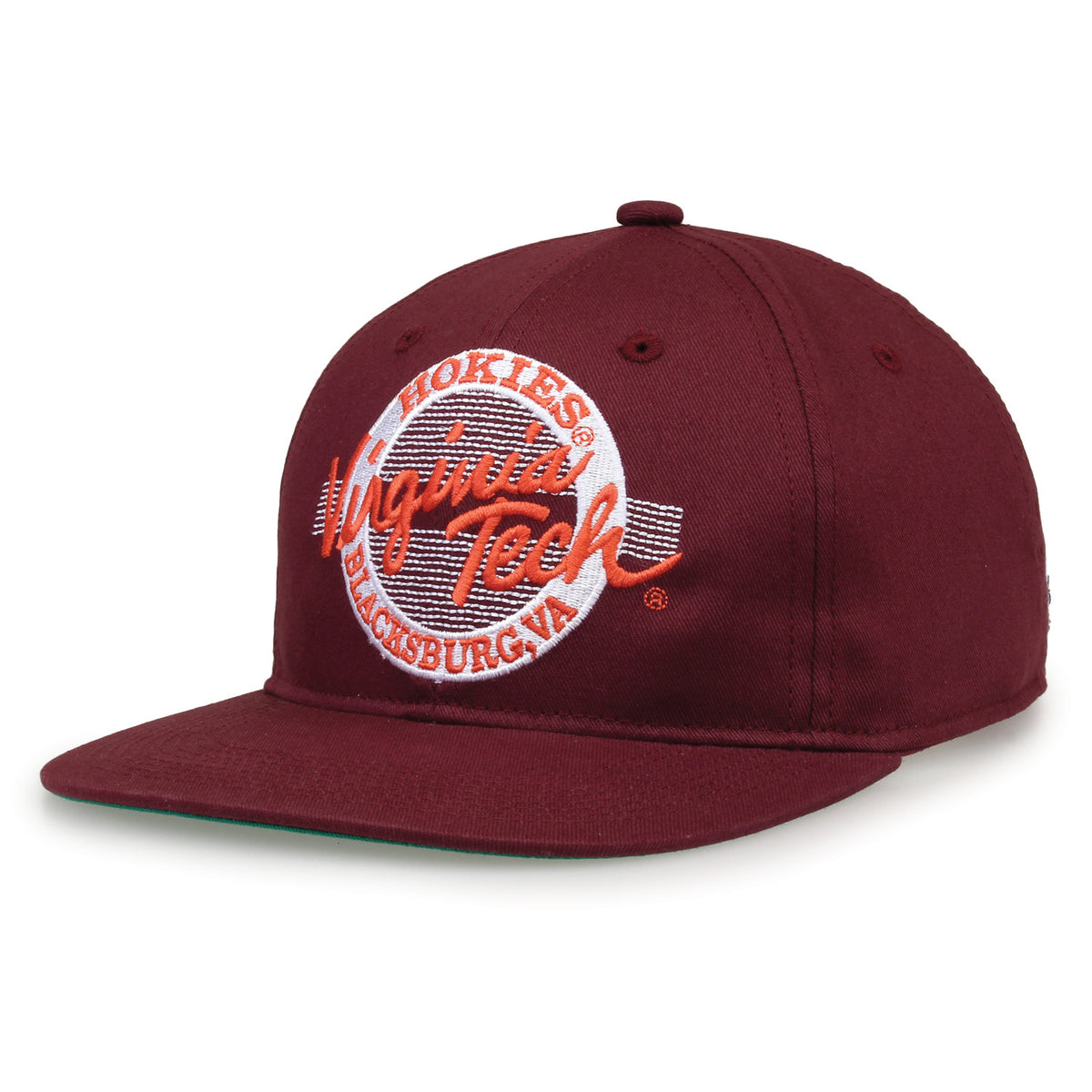 Virginia Tech Retro Circle snapback hat in maroon, angled view