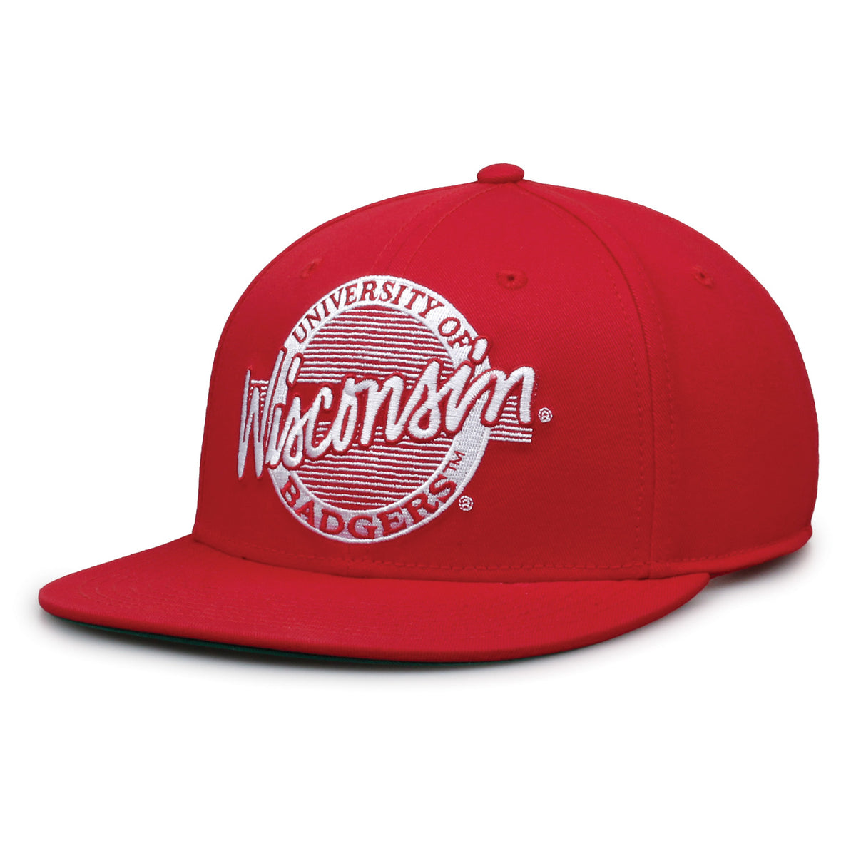 Wisconsin Badgers Retro Circle Snapback hat in red, angled front view showing the flat brim
