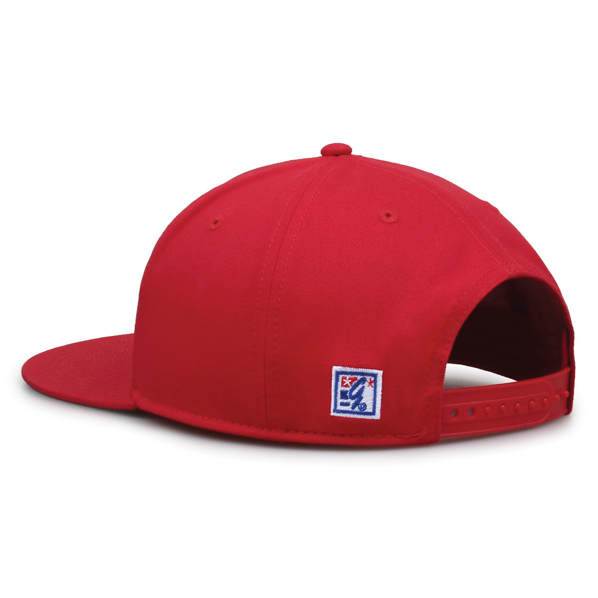Wisconsin Badgers Retro Circle Snapback hat in red, rear view showing the adjustable snapback closure