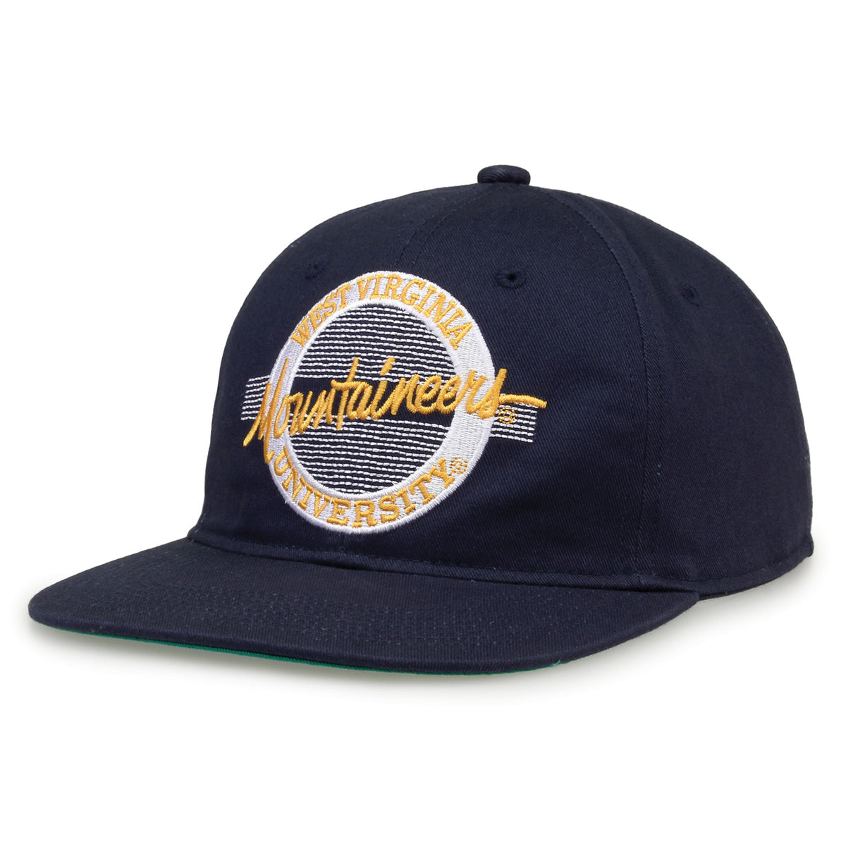 West Virginia Retro Circle snapback hat in navy, angled view