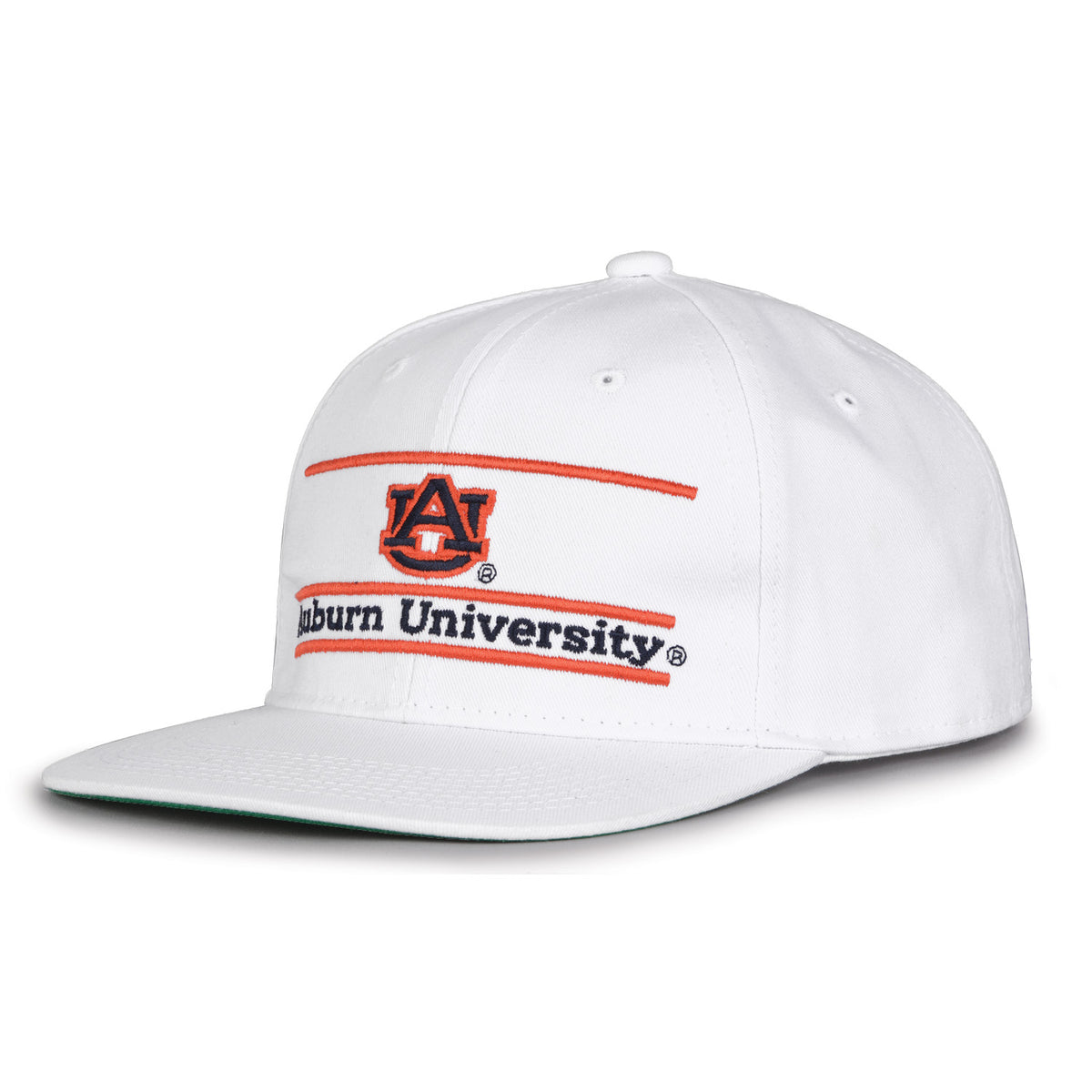 Auburn Retro Bar snapback hat in white, angled view
