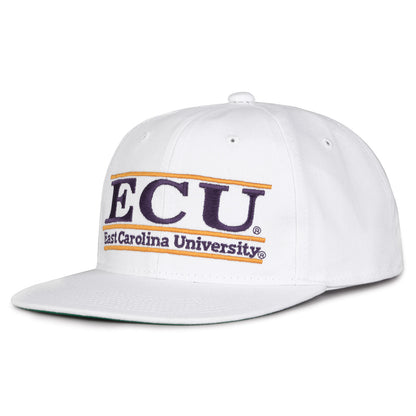 East Carolina Retro Bar snapback hat in white, angled view