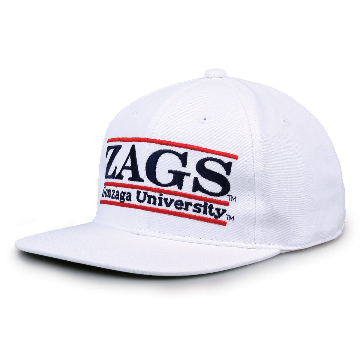 Gonzaga Retro Bar snapback hat in white, angled view