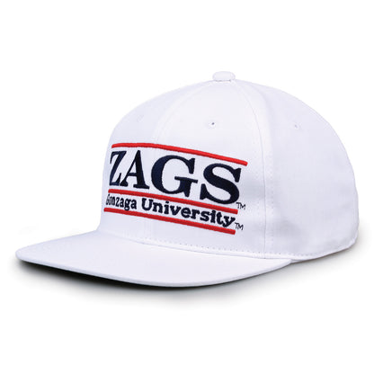 Gonzaga Retro Bar snapback hat in white, angled view