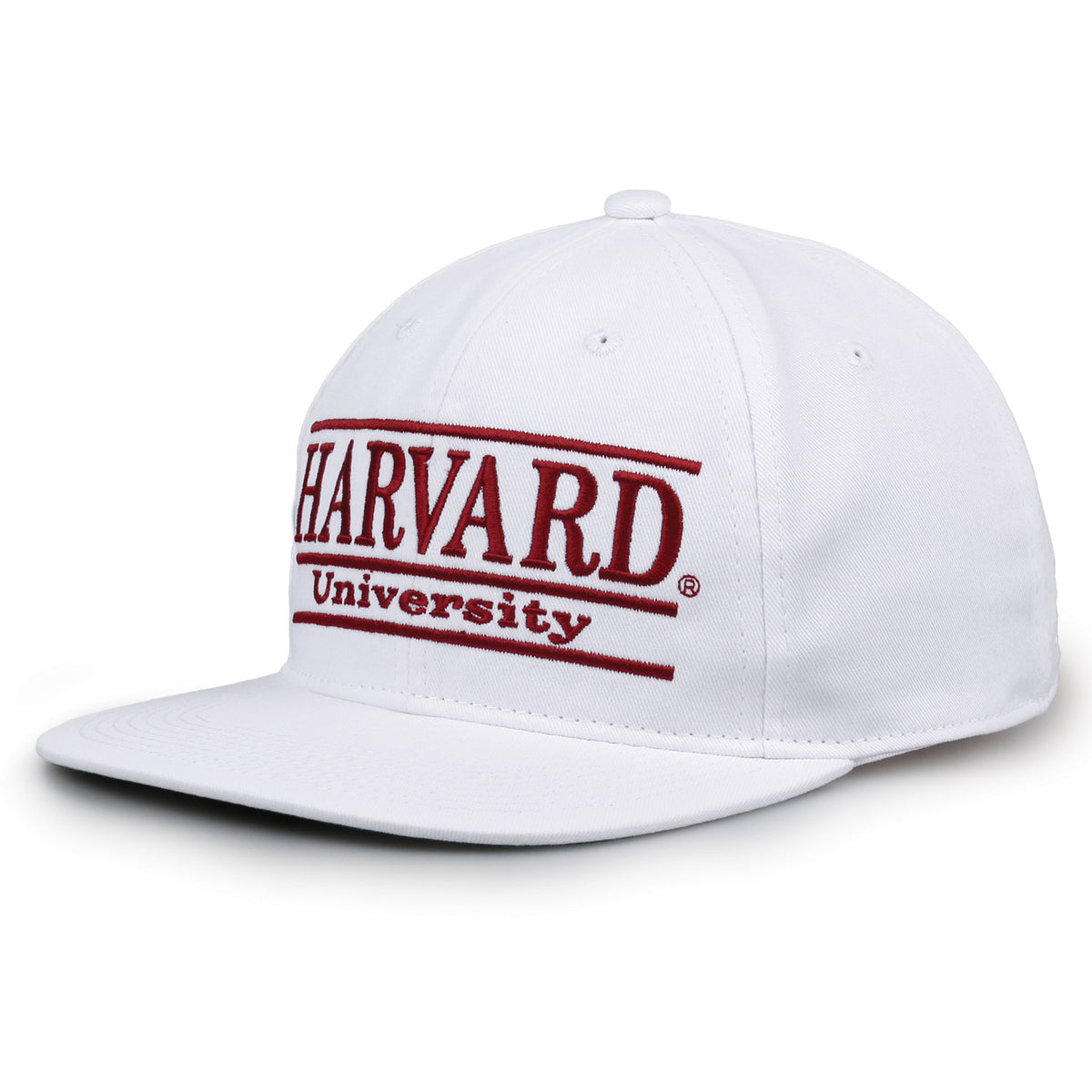 Harvard Retro Bar snapback hat in white, angled view