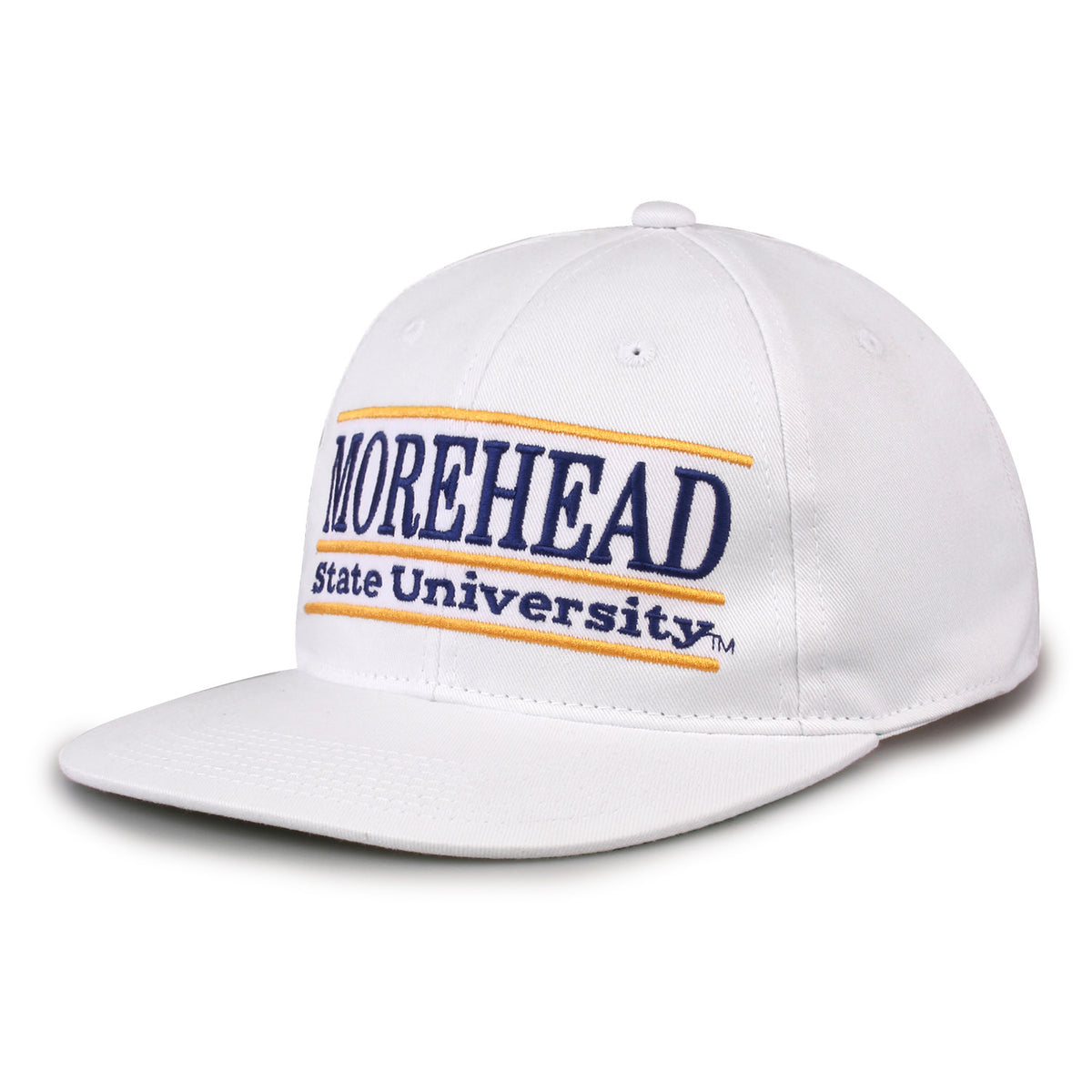 Morehead State Retro Bar snapback hat in white, angled view