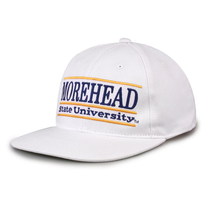 Morehead State Retro Bar snapback hat in white, angled view