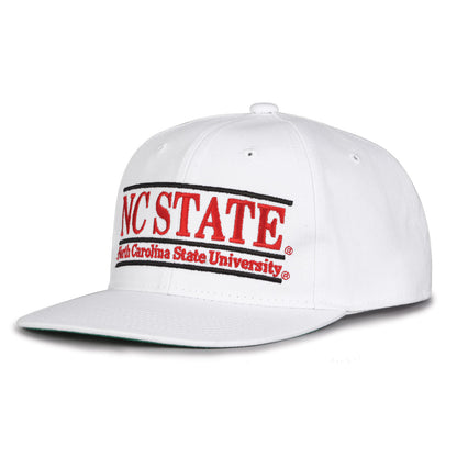 NC State Retro Bar snapback hat in white, angled view