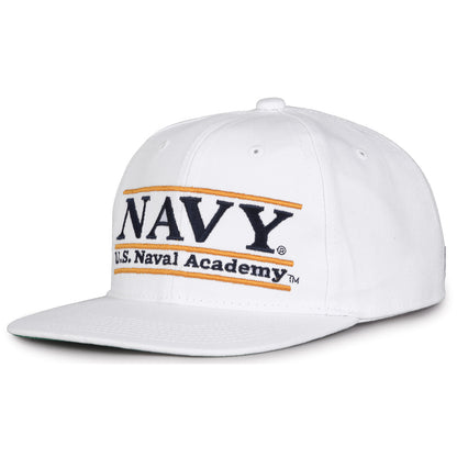 Navy Retro Bar snapback hat in white, angled view