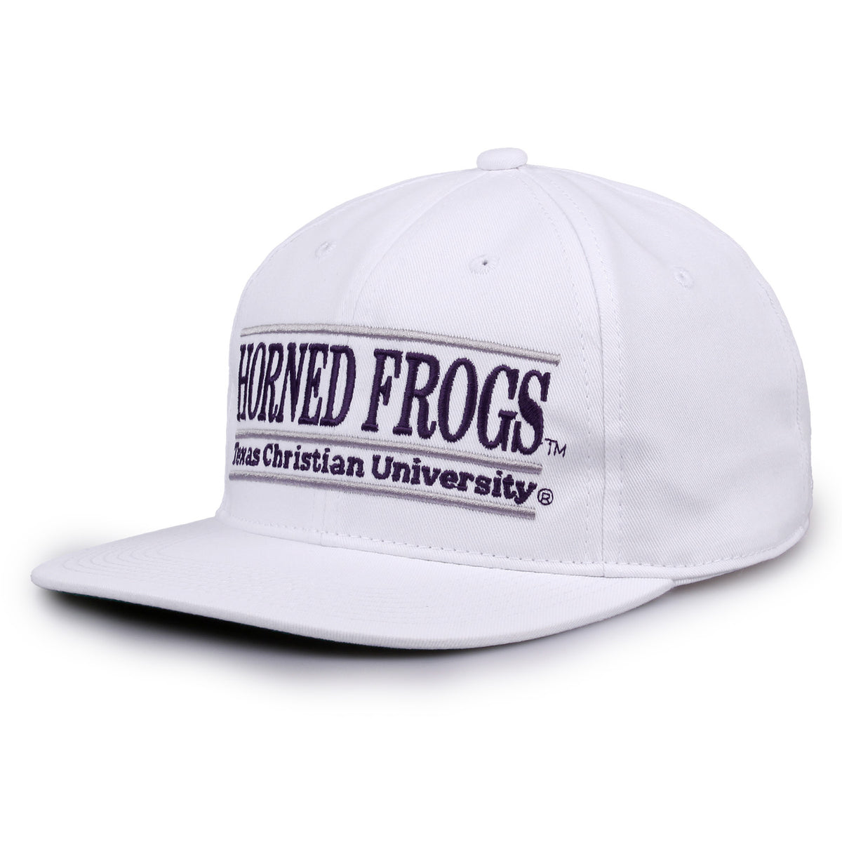 TCU Retro Bar snapback hat in white, angled view