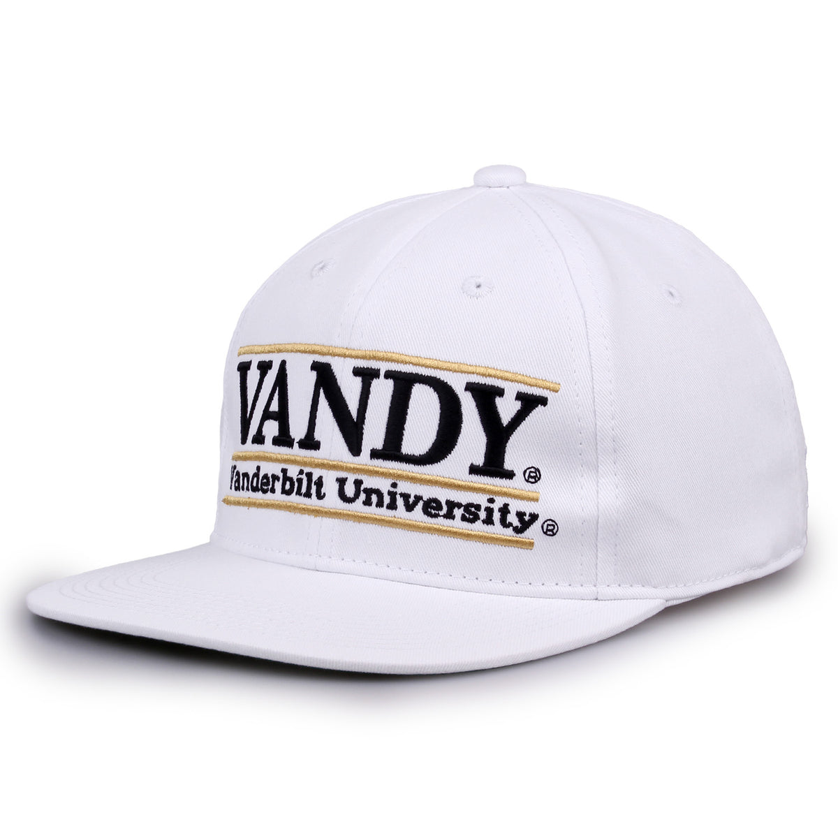 Vanderbilt Retro Bar snapback hat in white, angled view